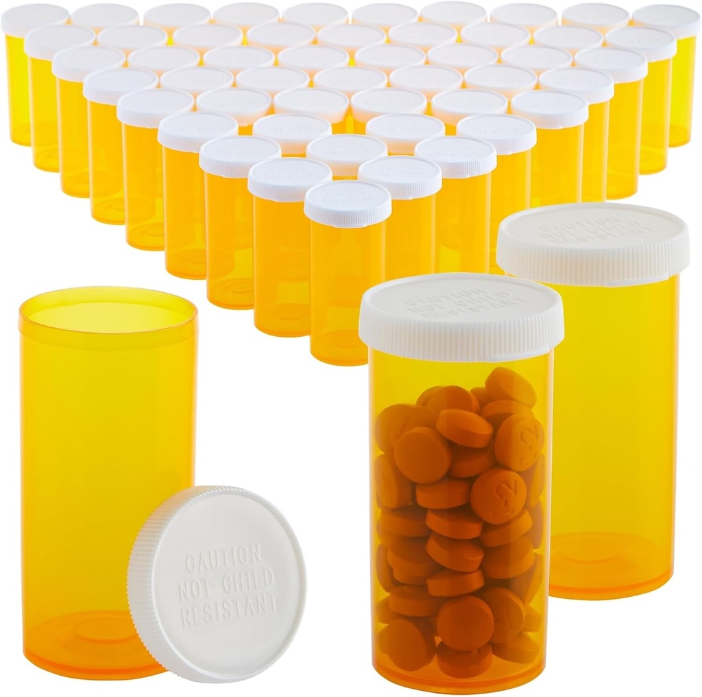 50-Pack Pill pudeles Iztukšotas ar vāciņiem - 13 Pill Dram Plastic Medicine Pudeles - Plastmasas flakoni - Konteineri recepšu medikamentiem, vitamīniem un papildinājumiem - Orange