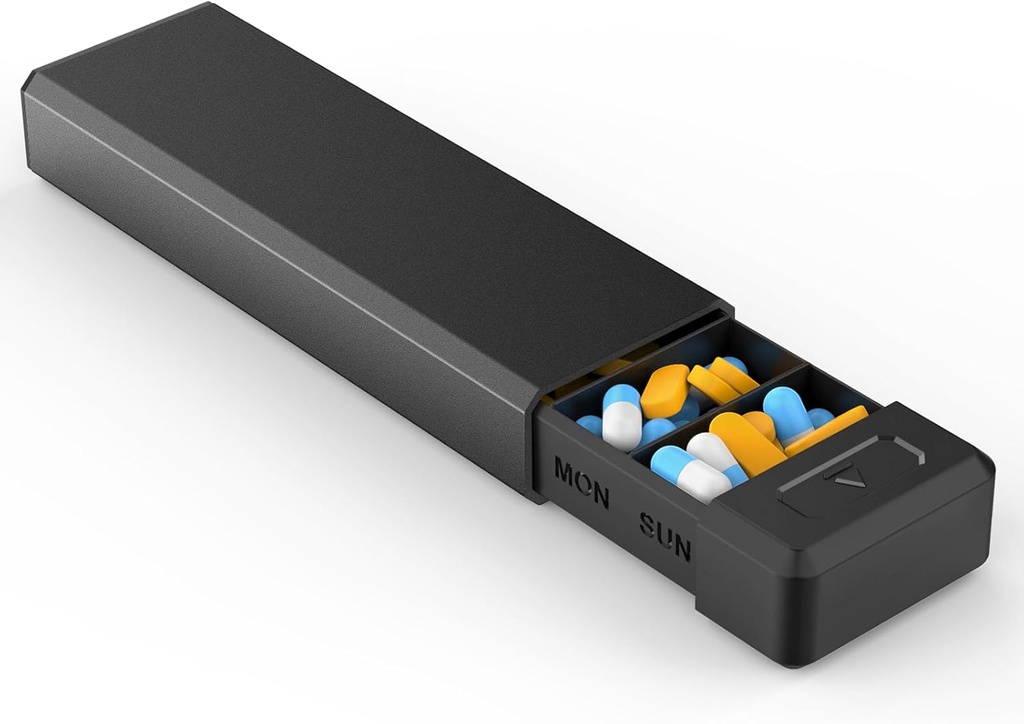 HEIYING Pill organizētājs ar Aluminum Shell vienu nedēļu Ietilpība, Portatīvie 7 Pill Box Konteiners turēt vitamīnu, medicīna, papildinājumi