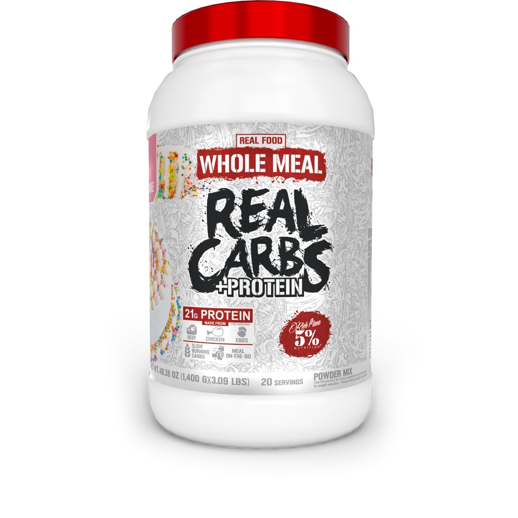 5% Uzturs Rich Piana Real Carbs + Olbaltumvielas ; Tīrs Mass Gainer Ēdienreizes Rezerves Olbaltumvielu Pulveris ; Ogļhidrāts Pre Workout/Post-Workout Recovery Ēdienreizes; 3 lb, 20 Srvgs (Birthday Cake + Olbaltum)