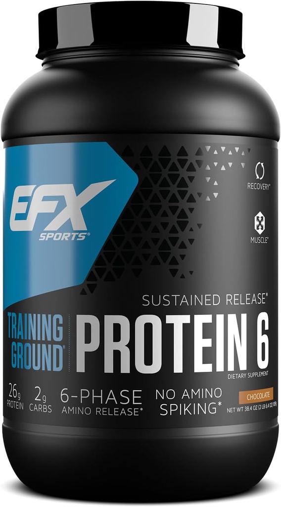 EFX Sporta treniņš Zemes proteīns 6      ) Sūkalu Izolāts & Koncentrāts, Olu baltums, & pīļu proteīns ) 26g 6 Avots Ilgstošas atbrīvošanas proteīns  ) 32 porcijas (šokolādes)