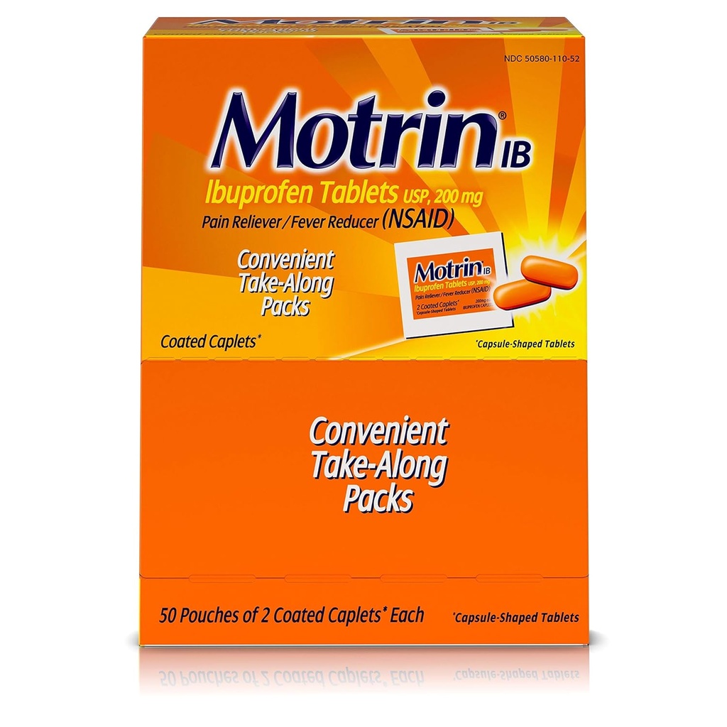 Motrin IB - Ibuprofen tabletes, divas tabletes vienā iepakojumā, 50 iepakojumi kopā, viena kastīte