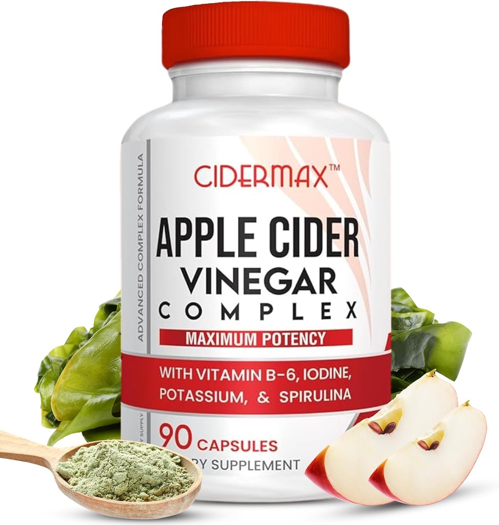 Ābolu sidra Etiķa kompleksās kapsulas - 90 dienu barošanas kapsulas Gut atbalstam, līdzsvarots svars un ķermeņa detokss - visi dabīgie B6 vitamīns, Kelp, kālijs, un Spirulīna papildinājums pēc Cidermax