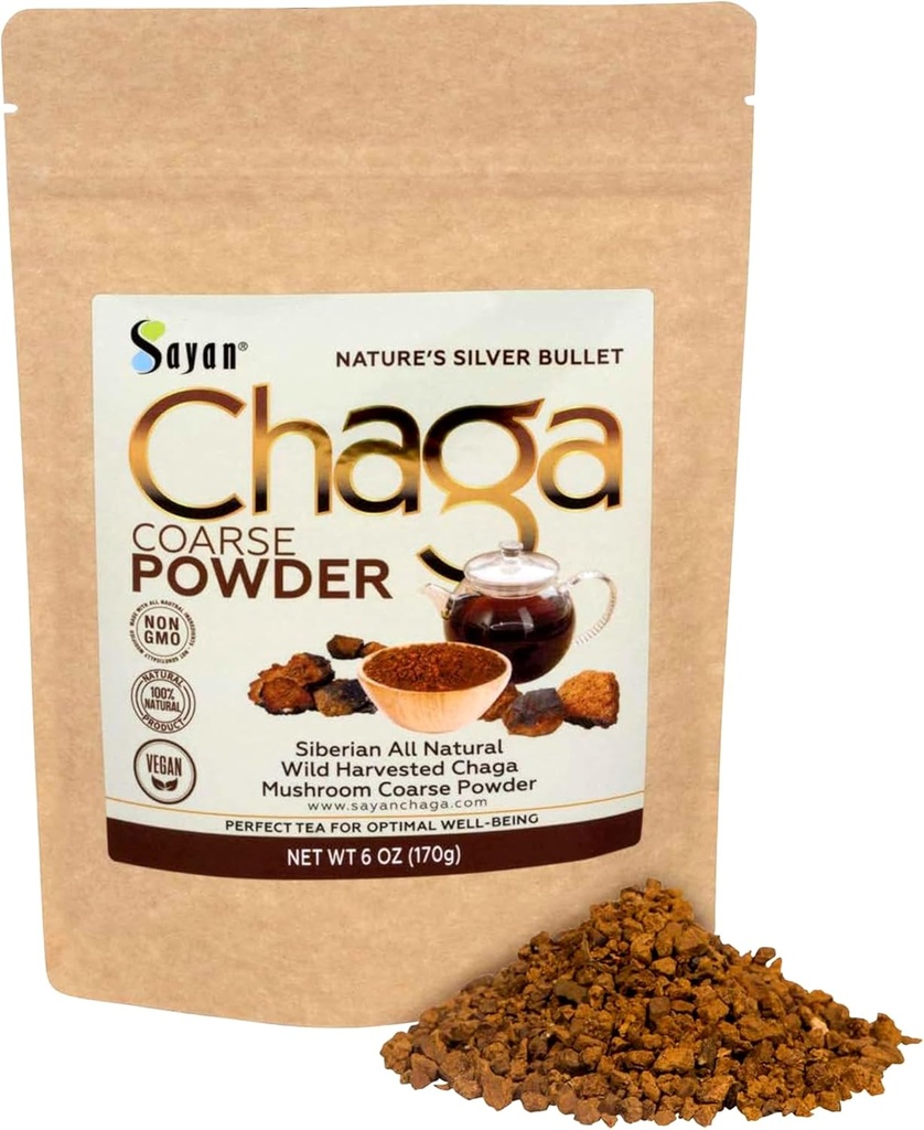 Sayan Siberian Pure Raw Coarse Chaga pulveris 6 Oz / 170g – Premium Wild Forest Rawed Super Antioxidant Tea – Atbalsta Imūnsistēmu un gremošanas veselību – Focus, Enerģija, Clarity, Wellness - Non-GMO