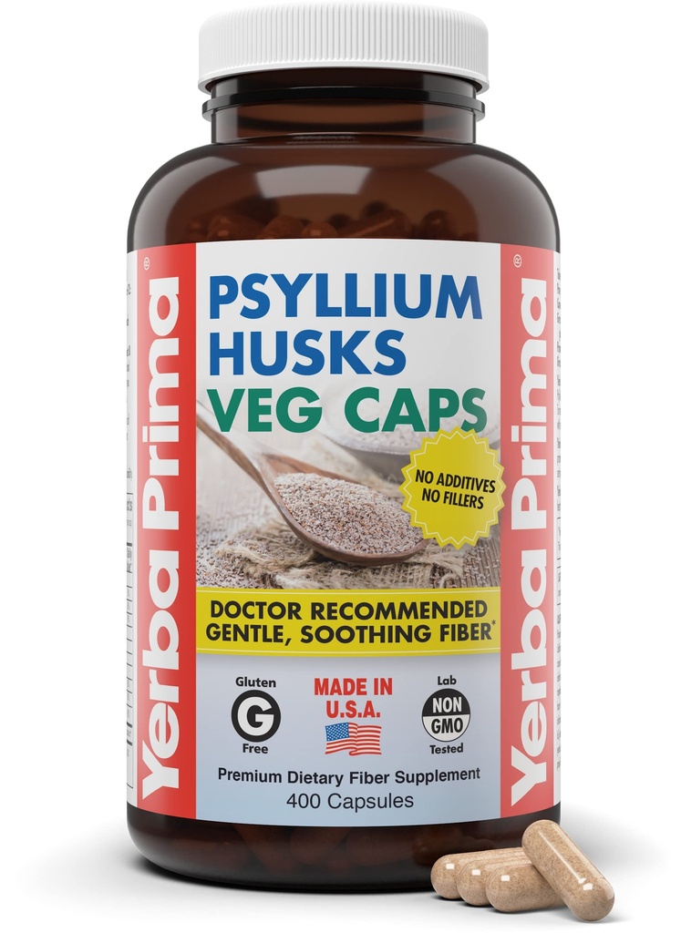 Yerba Prima Psyllium Husks Veg Caps, 400 kapsulas (625 mg) - Vegan, Non-GMO, bez lipekļa, Colon Cleanser, Daily Fiber papildinājums Gut Health & Regularity