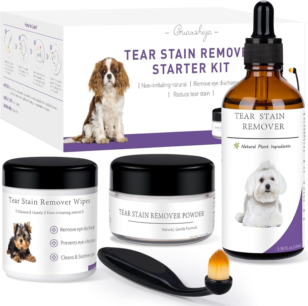 Suņu Tear Stain Remoper Starter Kit, ar Witch Lazel ekstraktu, Remove Tear Stains, Izlādes & Mucus, ietver Stain Solution, Applicer Wipes, Stain Powder & Brush, Lasts 30-45 dienas