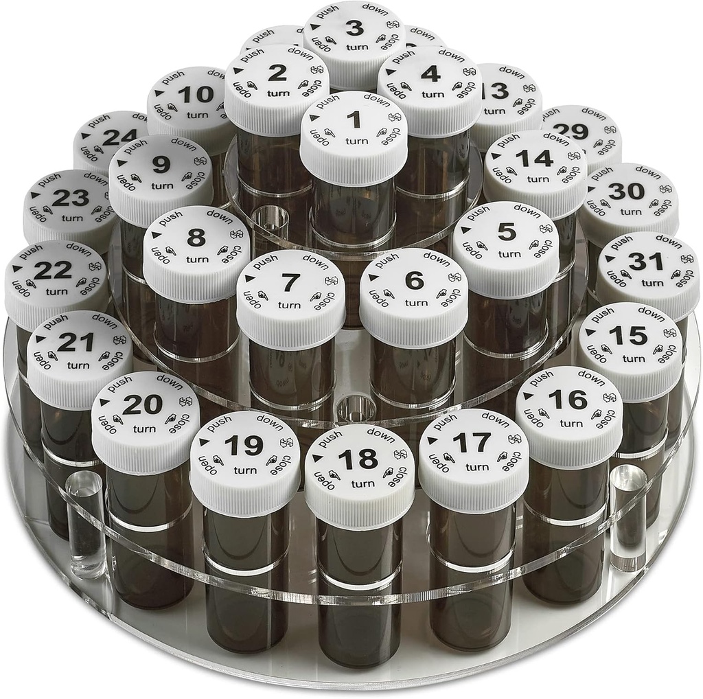 Ikmēneša Pill Pudeļu Organizators Caddy - 31 Skaitlētas Pilna izmēra Pill Pudeles w Child-Proof Lids par katru dienu Mēneša Skaidrs Rack un viegli izmantot ikdienas devu medikamentu vitamīnu un piedevas