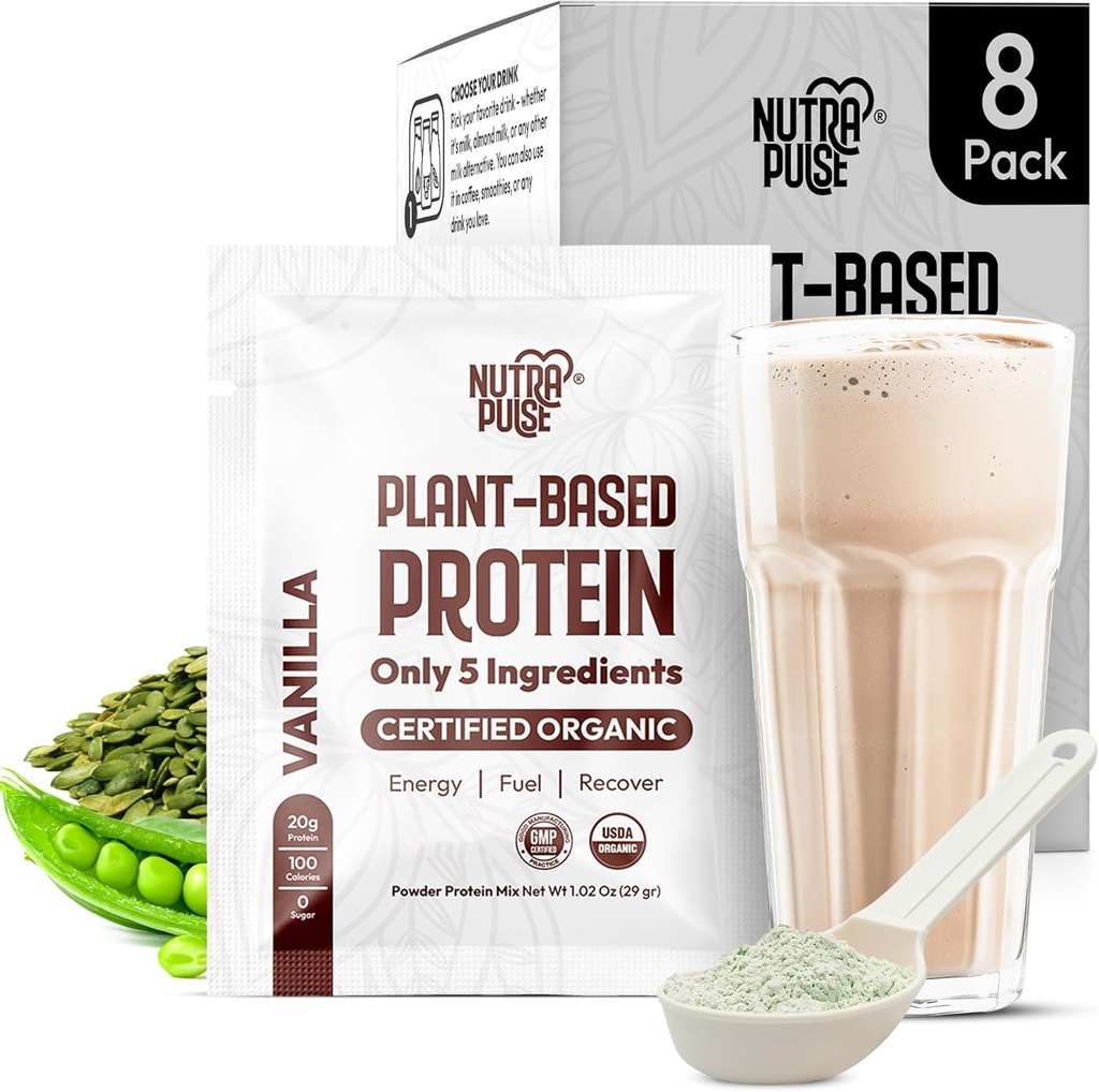 Organic Vegan Protein Pulvera parauga pakete - augu izcelsmes proteīns, bez lipekļa, neĢMO, 20g proteīns, kas tiek pasniegts, liels gludekļiem un kratīšanai (Vanilla, iepakojums 8)