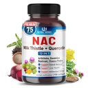 NAC Papildinājums N-Aetyl Cysteine Bagātināts ar piena dadži, Quercetin - atbalsts Immunity, respiratorā veselība un aknas Detox - 150 kapsulas