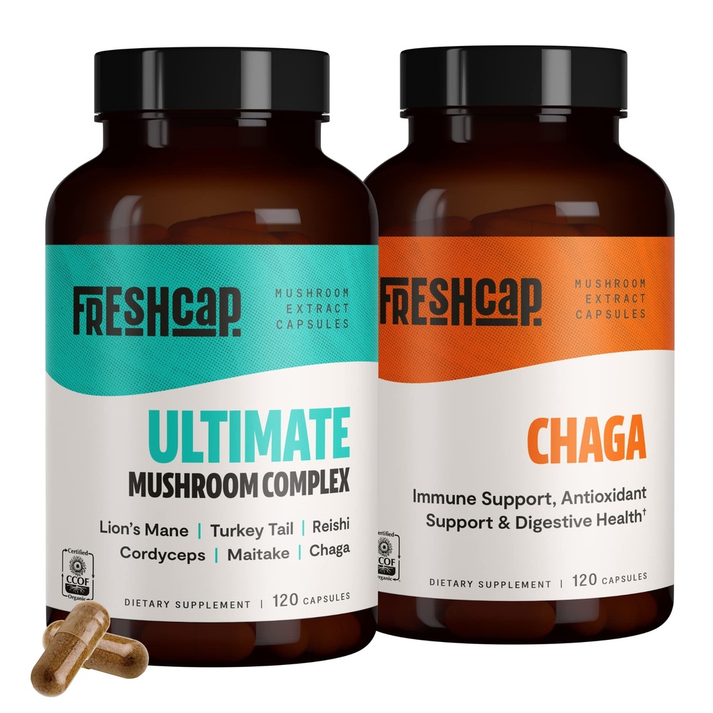 FreshCap Sēnes Antioksidants Bundle (Chaga Capsules un Ultimate Mushroom Complex Kapsulas)