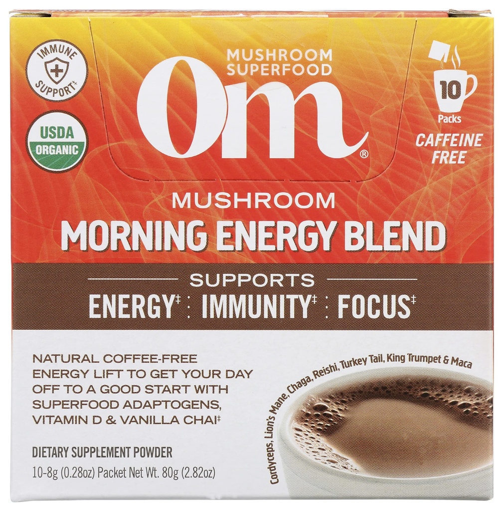 Om Mushroom Superfood Morning Energy Sēņu pulveris dzēriens, kafija bez enerģijas dzēriens ar Cordyceps, vitamīns D2, Agaricus Bisporus, Lion's Mane, Rhodiola, un Turcija Taile, 10 Count, 2.82 Oz