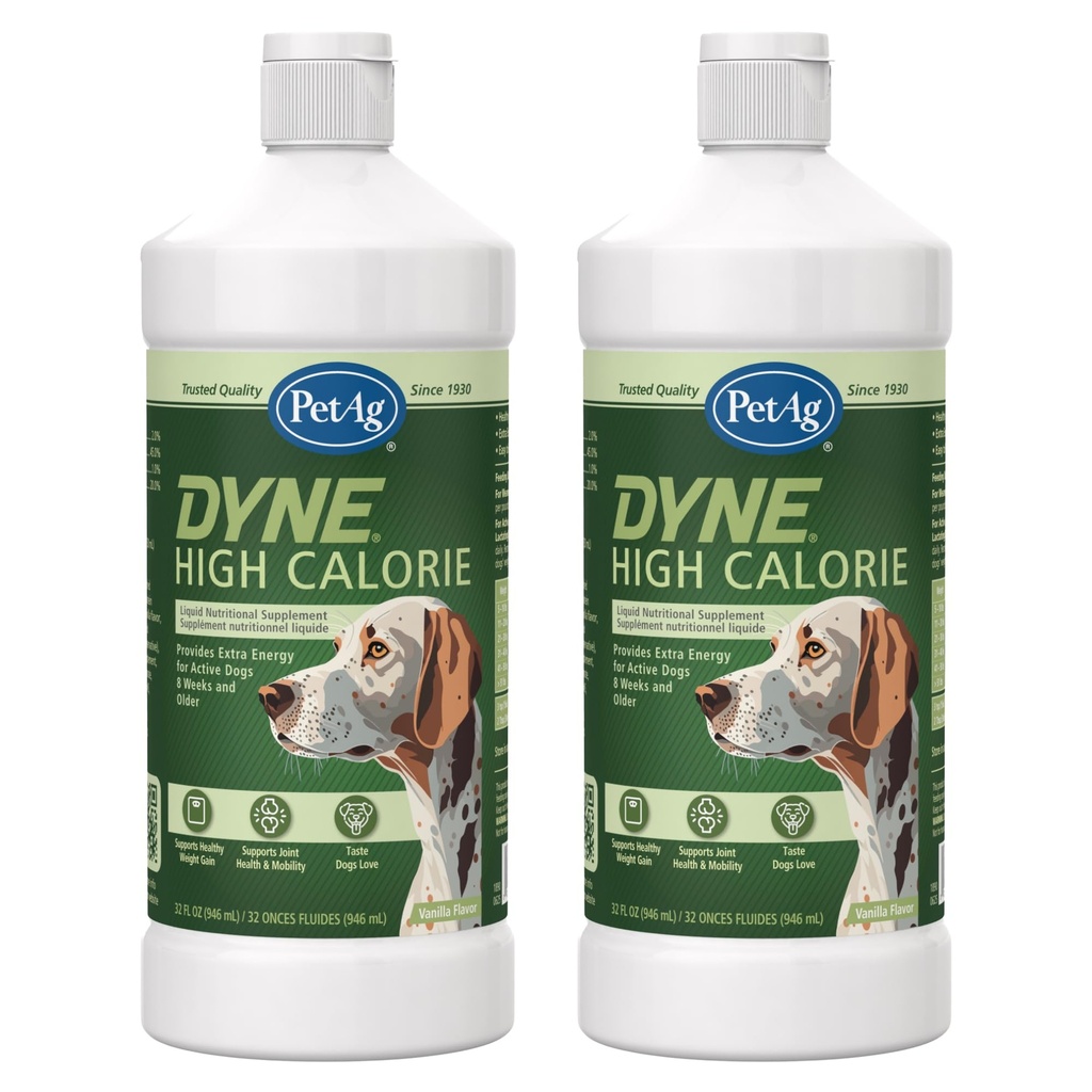 Pet-Ag Dyne High Calorie Liquid Uztura papildinājums suņiem un kucēniem 8 nedēļas un vecāki - 32 oz, Pack of 2 - Atbalsta veiktspēju un izturību - Sweet Vanilla Flavor