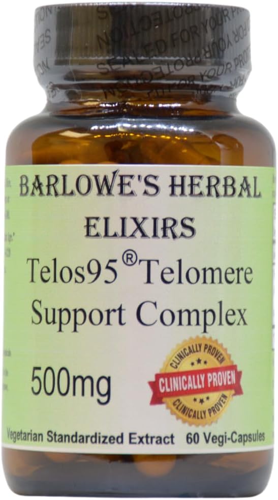Barlowe s Herbal Elixirs Telos95® Telomere Atbalsts komplekss ) Advanced Cellular Health & Longevity Formula ) 500mg ar Astragalus ekstraktu ) Non-GMO, Stearate-free, stikla pudelēs