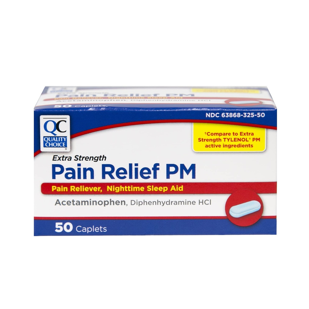 Kvalitātes izvēle Extra Strength Pain Relief PM, sāpes Reliver un nakts miega palīglīdzeklis, Acetaminofēns 500 mg un difenhidramīns HCI 25 mg (miega palīglīdzeklis), 50 Skaits Caplets pakete