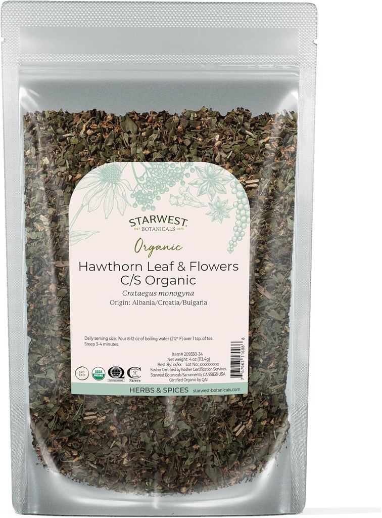 Zvaigznes Botānika Organic Hawthorn Leaves & Flowers - Žāvēti lapu augi tējai, dabas labsajūtas atbalsts sievietēm un vīriešiem, cut & Sifted, Certified Kosher, Non-GMO - 4 oz Pouch