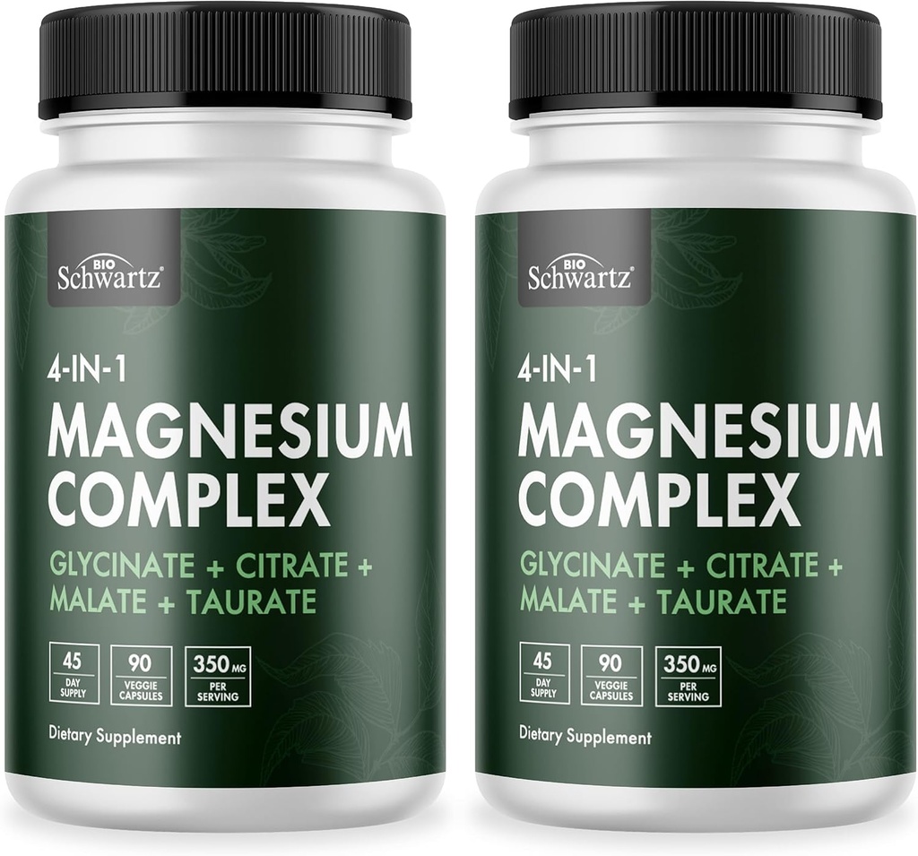 BioSchwartz Magnija komplekss Papildinājums (2 Pack) 350mg Magnija Glicerāts Citrāts Malāts un Taurāts Per Kalpot veselīgi Nervu muskuļi Sirds Miega atbalsts (Vegāns, bez lipekļa, bez GMO)