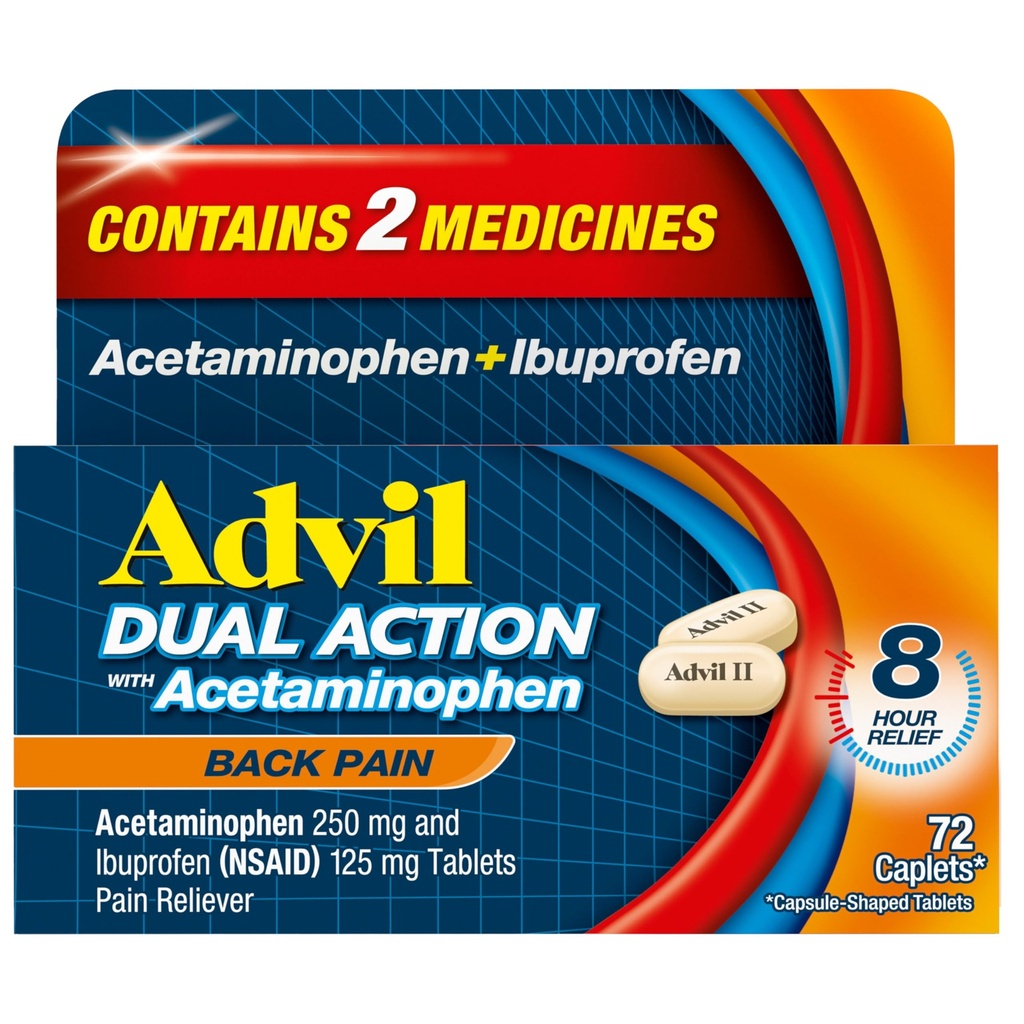 Pretvilšanās divējādas darbības Muguras sāpju Caplets nodrošina 250 mg Ibuprofēna un 500 mg acetaminofēna devu 8 stundas muguras sāpju atvieglošana - 72 skaits