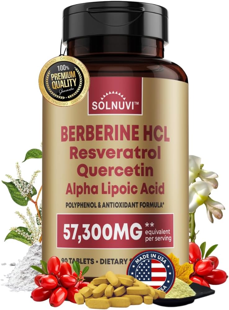 Premium berberīna papildinājums ar Resveratrol Quercetin Alpha Liposkābe - 50:1 Berberīna HCl komplekss Spēcīgi antioksidanti, polifenoli, Vitality Boost - 90 Vegan tabletes, ne-GMO, bez lipekļa