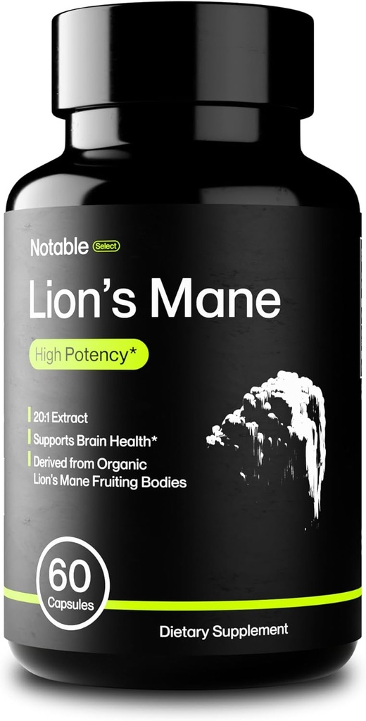 Notable Select Lion's Mane Sēņu Papildinājums - 20:1 ekstrakts - Premium Kognitīvais atbalsts - Organic -- Lab-Tested --Pure Sastāvdaļas (1 pudele / 1-Mēness piegādes)