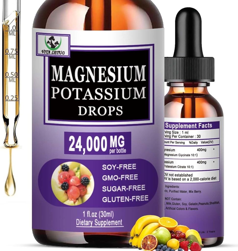 Magnija glicināts ar kālija piedevu, liquid magnija glicināts 500mg kālija citrāts 500mg, magnija šķidruma pilieni asinsvadu, kaulu, sirds, muskuļu un nervu veselību, ne-GMO,Vegan