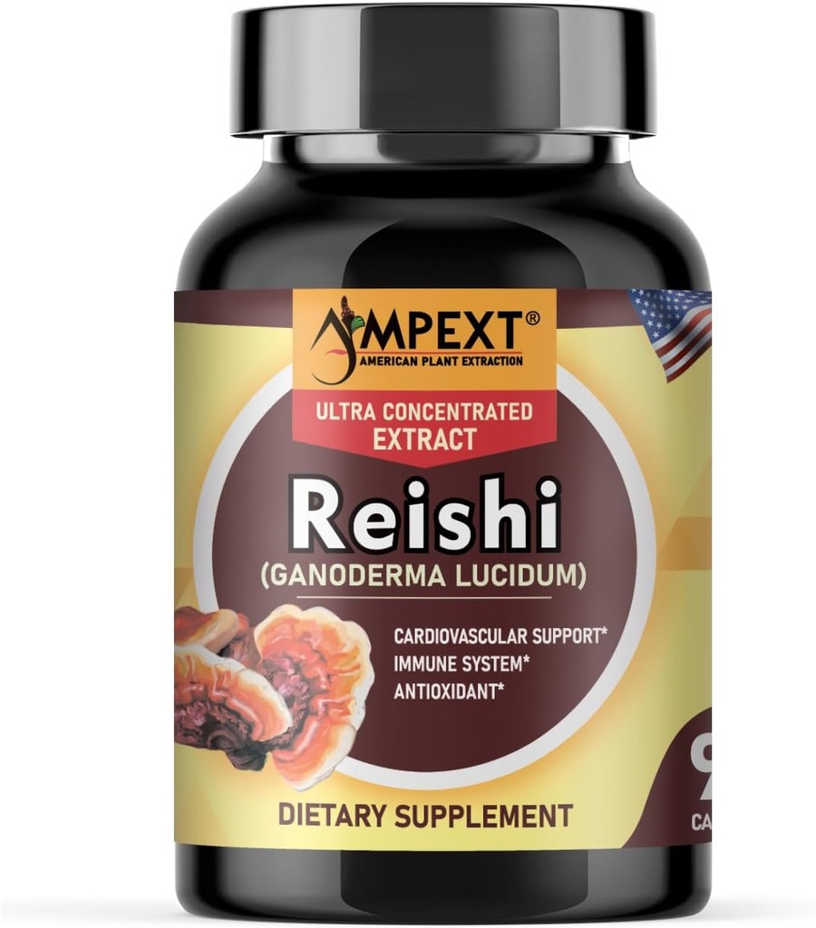 Reiši Sēnes ekstrakts - Premium kvalitāte, Tikai augļkopība, Antioksidants, Pmonotes Longevity, Immunity Booster, Enerģija & Vitalitāte, Noņem Nogurumu, 90 Veg Caps.