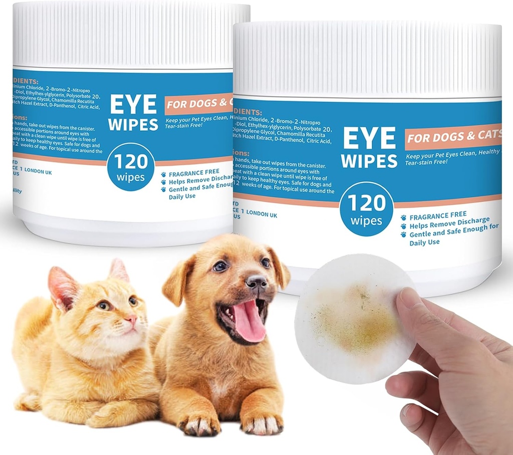 Suņu un kaķu acu sūcēji - 240ct/2pack Suņu tīrītāju tīrītāju acu sūcēji - ar kumelīšu un ragavu lazdu - 3,15" Presoaked & Texturred pet Wipes for Eyes