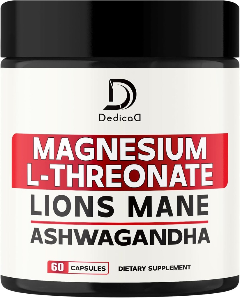 Magnija L-Threonate Papildinājums ar Lions Mane & Ashwagandha Root - 1000Mg Per Kalpo 60 grāfu Supply - Advanced Formula Support