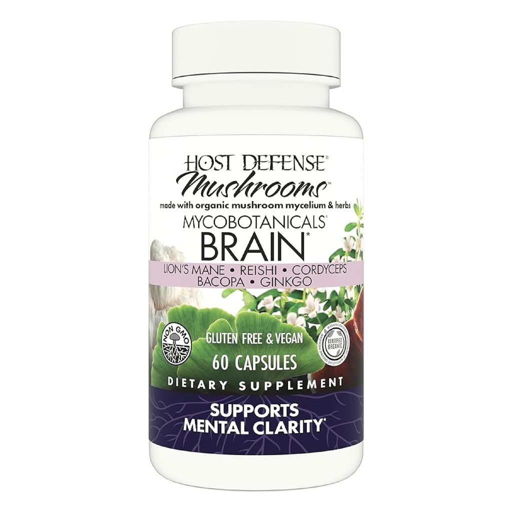 Host Defense MycoBotānika Smadzenes* Kapsulas - Smadzeņu atbalsts Papildinājums ar Lauvas krēmu, Reishi & Cordyceps Sēnes - Augu Papildinājums Atmiņas un Fokusa Atbalsts - 60 Kapsulas (30 Servē)*
