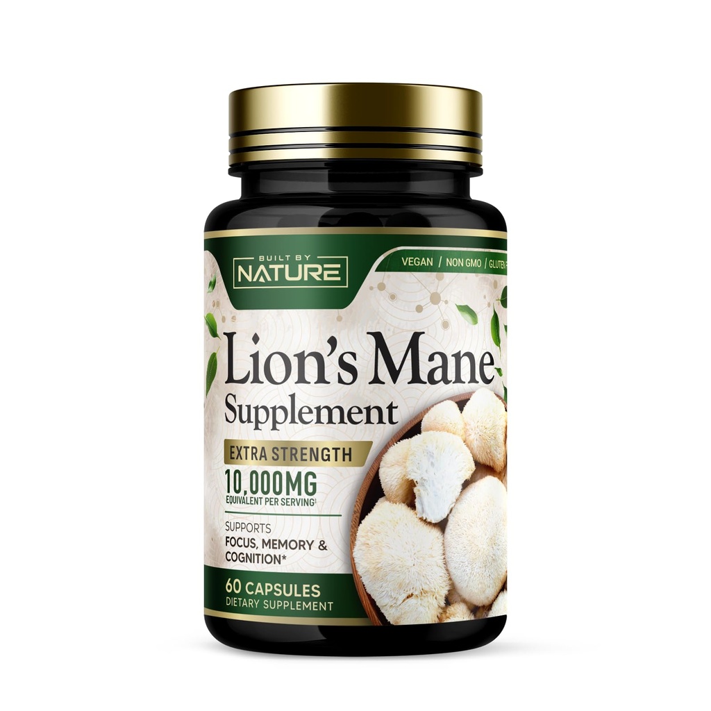Built by Nature Lion’s Mane 10 000mg – Extra Strength Sēņu papildinājums Nootropisko smadzeņu atbalstam – Fokusa, atmiņas un kognitīvā funkcija – Ne-GMO, Bez lipekļa, Vegan - 60 kapsulas