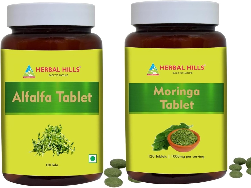 HERBAL HILLS Alfalfa tabletes un Moringa Leaf tablešu iepakojums ar 2 Combo