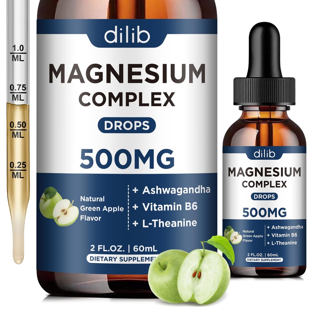 Trīskāršs magnija kompleksa papildinājums-magnija glicināts, citrāts, malāta šķidrums pilieni 500mg ar Ashwagandha, L-Teanīns, B6 Calm, Stress Relief, Miega, Muskuļu atbalsts-Zaļš ābolu Flavor