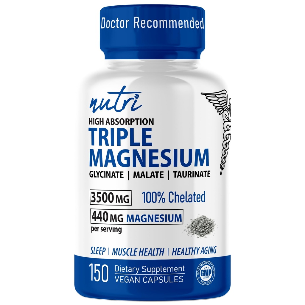 Nutri Triple Magnija komplekss 440mg - Magnija glicināts, malāts, & Taurināts - 100% Helēts maksimālai absorbcijai - 120 Vegan Kapsulas - Triple Complex Magnezio Triple Complex