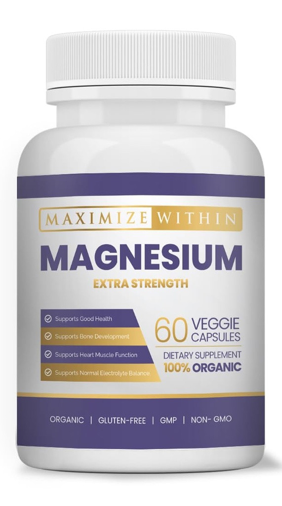 Magnija papildu stipruma papildinājums – 600 mg magnija glicināts – atbalsta kaulu veselību, muskuļu funkcijas – Vegāns, ne-ĢMO – 60 kapsulas