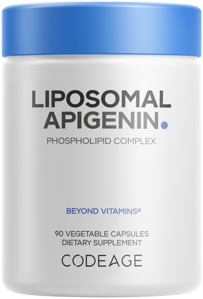 Koda liposomālais apigenīns Papildinājums, 3-mēnešu apgāde, Flavonoidālais kumelīšu ekstrakts, liposomālo fosfolipīdu komplekss, ne-ĢMO saulespuķu eļļa, fosfatidilholīns Vegan Blend, bez lipekļa, 90 grādos