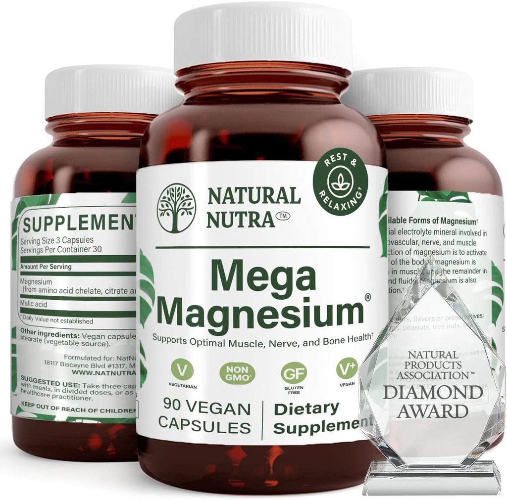 Dabas Nutra Mega Magnijs 400mg Papildinājums - Augsta Absorbcija Aminoskābes Chelate, Citrāts, Malāts Blend muskuļu augšanu, Kaulu stiprums, sirds veselība, nervu atbalsts - 90 kapsulas (iepakojums no 2)