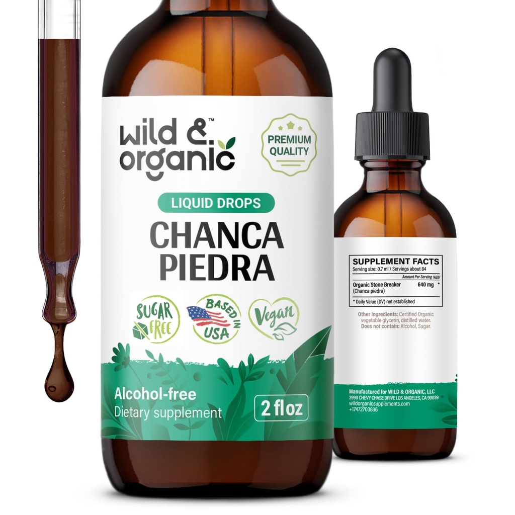 Wild & Organic Chanca Piedra Šķidrā ekstrakta pilieni - Akmens lauzējs nieru akmeņiem un žultspūšļa atbalstam - Herbal Tincture for urinary Tract Well-Being - Vegan, Cukurs un bez alkohola - 2 fl oz