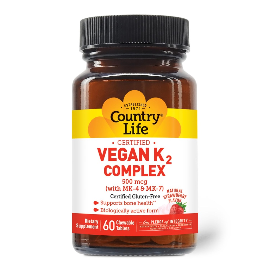 Country Life® Vegan K2-500 mcg, 60 Ct. košļājamās tabletes. Zemeņu Flavor - Certified Gluten Free - Certified Vegan by AVA – atbalstīt kaulu veselību