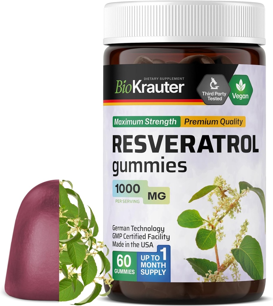 BIO KRAUTER Resveratrol Gumies - 1000 mg Stiprums - 60 Vegan Chews - 98% Pure Trans Resveratrol Papildinājums - Antioksidantu atbalsts
