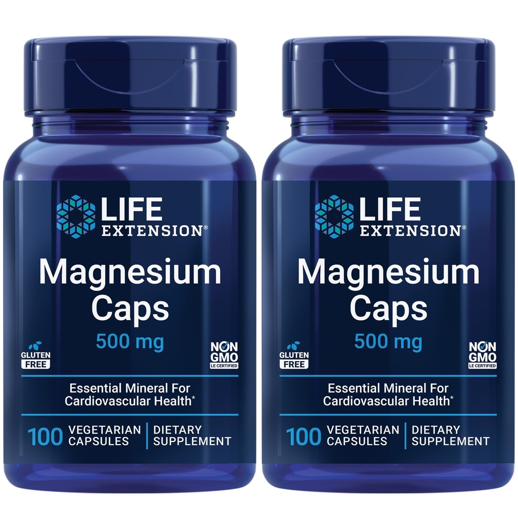 Dzīves ilguma pagarinājums Magnija vāciņi, 500 mg, magnija sukcināts, sirds veselība, veseli kauli, vielmaiņas palīglīdzeklis - iepakojumā divas - 2 x 100 veģetārās kapsulas