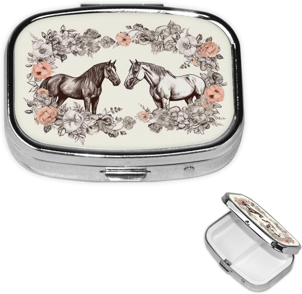 Pill kaste ziedi un zirgi Rokas Drawn Square Pill Kaste Purse & Pocket 2 iecirknis Medicīna Pill Organizators Portable Travel Pillbox Medicine Vitamīnu Cod Aknu eļļas uzglabāšanas kaste