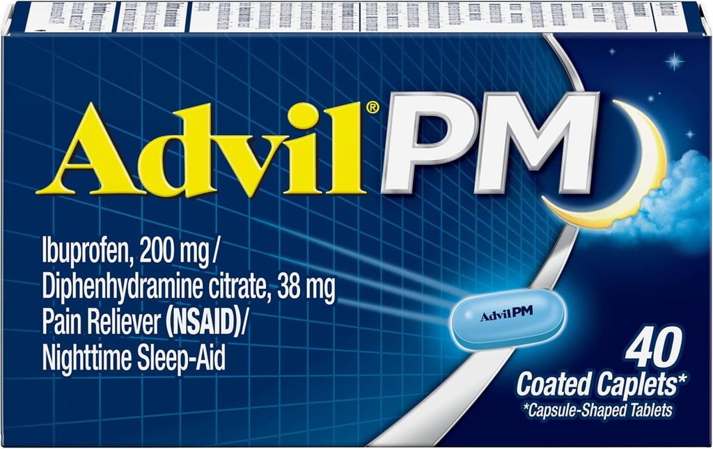Advil PM (40 skaitīšana, iepakojumā pa 2) sāpes reliver / nakts miega palīglīdzeklis apvalkots Caplet, 200 mg Ibuprofēns un 38 mg difenhidramīna citrāts