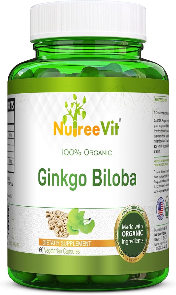 NutreeVit 100% Organic Ginkgo Biloba Kapsulas - atbalsta smadzeņu veselību, garīgo modrību, cirkulācija, un palielina atmiņu - Organic Antioxidant - 100 Skaits pudele