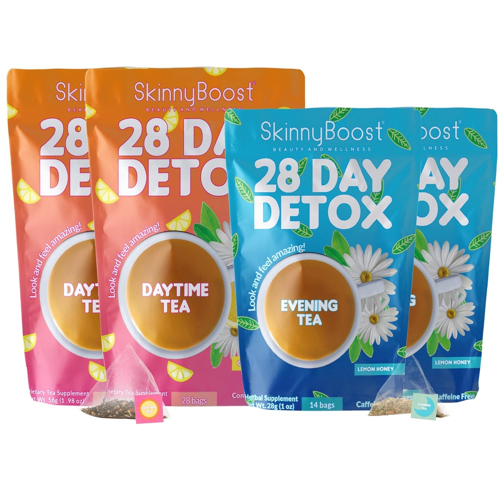 Skinny Boost Detox tējas komplekts – 4 IEPAKOJUMS – 2 dienas Tējas (56 maisiņi) 2 vakara tējas (28 maisi) – augu detokss svaram, vielmaiņai, enerģijai, uzputošanai un koloniju tīrīšanai – zaļā tēja, vegana, Keto, ne-ĢMO, bez cukura