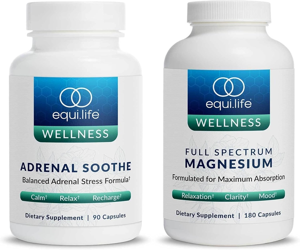 Equilife Full Spectrum Magne (180 ct.) un Adrenal Soothe (90 caps) Bundle Mood & Energy Support Papildinājums, Vegan, Non-GMO