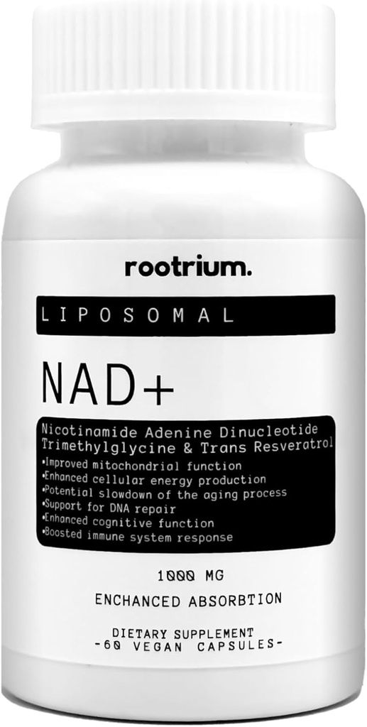 Rootrium Liposomal NAD+ 1000mg ar Resveratrol & TMG - trīs vienā pastiprinātā enerģijā, DNS labošanas un pretnovecošanās formula - pastiprināt smadzeņu funkcijas un šūnu veselību, 60 Veģetārās kapsulas