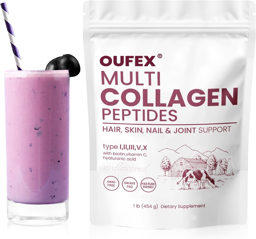 Multikolagēna peptīdu pulveris, kolagēna peptīdi sievietēm un vīriešiem, kolagēna pulveris ar hialuronskābi, biotīns, I, II, III, V, X tips, veicina matu, nagu, ādas, kaulu un locītavu veselību (1 £)