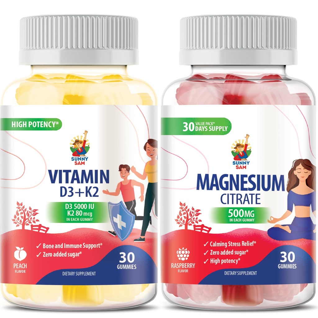 Magnija Gumijas bērniem un pieaugušajiem - 500mg un vitamīns D3 K2 Gumies 5000 SV. Mierīgs magnija košļājamās rotaļlietas - magnija citrāts košļājams papildinājums Mood & Muskuļu atbalsts
