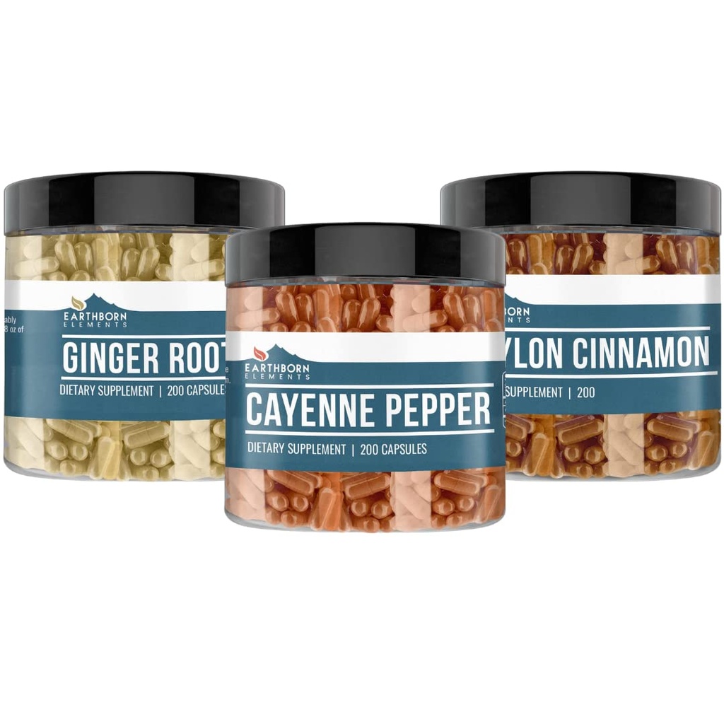 Earthborn Elements Cayenne Pepper, Ceylon Cinnamon & Ginger Root Bundle (200 kapsulas katra), Pure & Neatšķaidīts, Nav piedevas