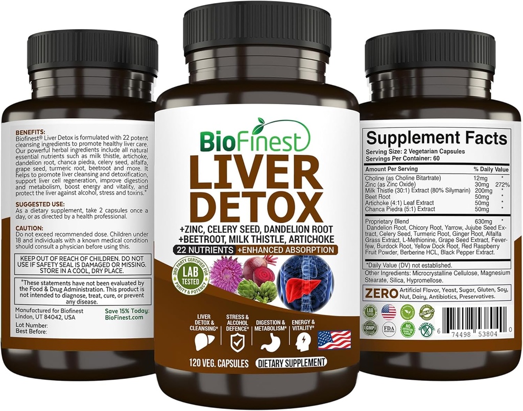 BioFinest Aknu Detoksikācijas Papildinājums - 22 Uzturvielas Piena Datele Artichoke Selerijas Seed Chanca Piedra Bišu Saknes Dandelion Turmeric Ingvers - Alkohola tīrīt enerģiju Gremošanas Metabolisms (120 Veg. Kapsulas)