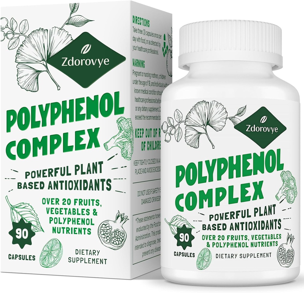 20-in-1 Polifenoli Papildinājums vairāk 20 Augļi, Dārzeņi un polifenoli, Spēcīgi Antioksidanti, Quercetin, Resveratrol, Turmeric, Zaļā tēja, Polifenoli vecuma aizsardzības, enerģija & Imūnās 90 kapsulas