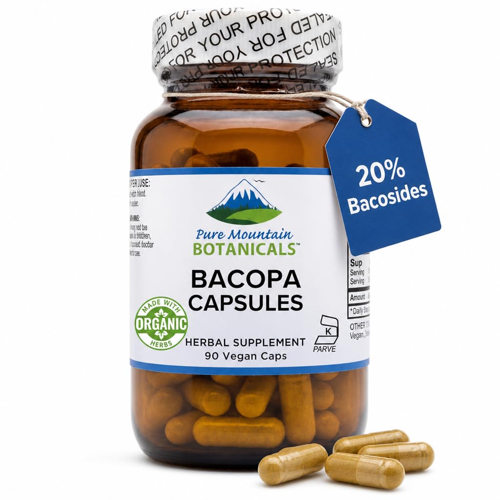 Tīra kalnu botānika Bacopa Monnieri kapsulas - Vegan Caps with Organic Bacopa & Standardized Bacopa Extract papildinājums